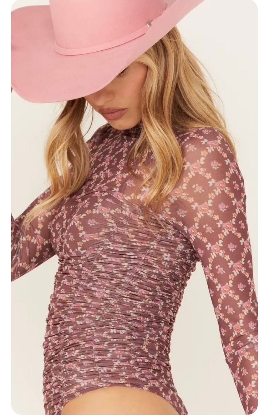 Free People Under it All Mesh Floral Bodysuit XS Mauve Pink Layer Boho Western